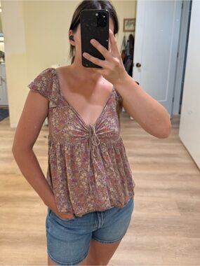 Lucky Brand Pink Floral Tie-Front Cap Sleeve Camisole